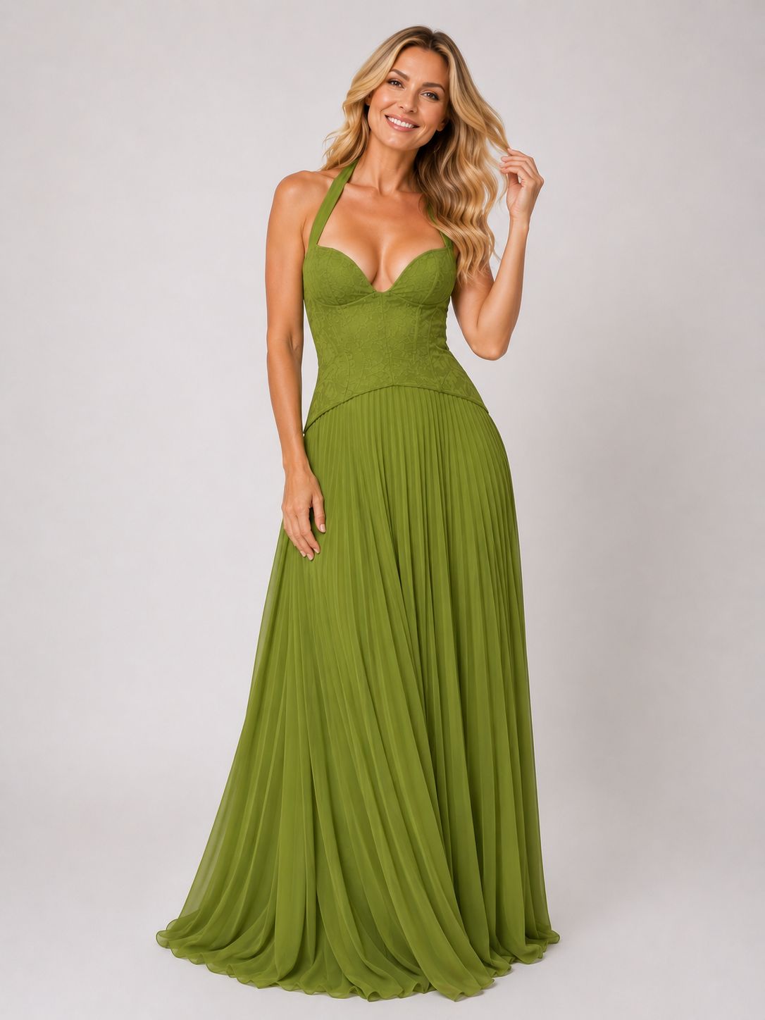 Felicity - Women’s Pleated Halter Maxi Dress with Lace Bodice-Maxi Dress-Lyrasue-XS-Lyrasue