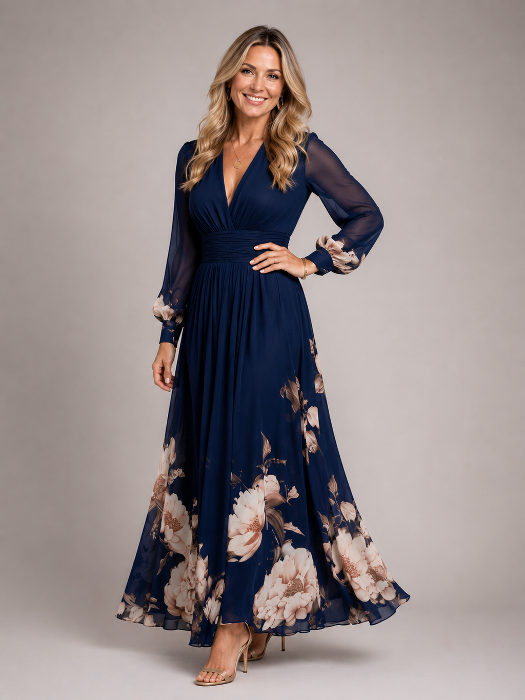 Haven - Women's Long Sleeve Chiffon Maxi Dress-Lyrasue-Navy-S-Lyrasue