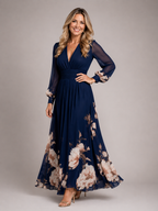 Haven - Women's Long Sleeve Chiffon Maxi Dress-Lyrasue-Navy-S-Lyrasue