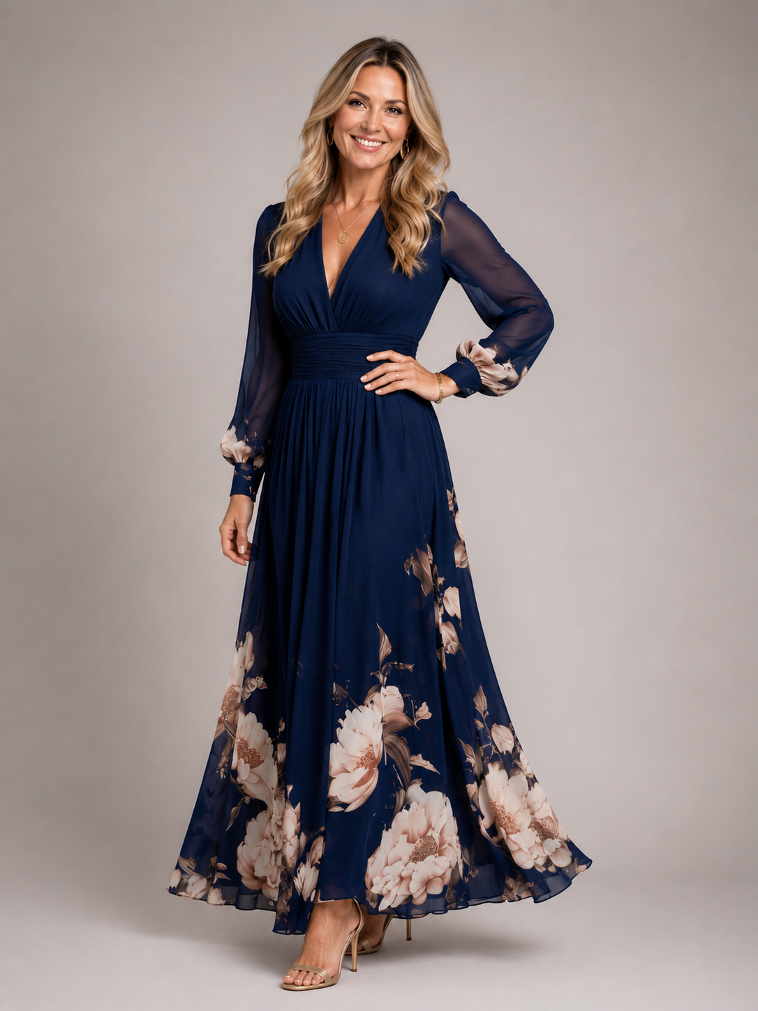 Haven - Women's Long Sleeve Chiffon Maxi Dress-Lyrasue-Navy-S-Lyrasue