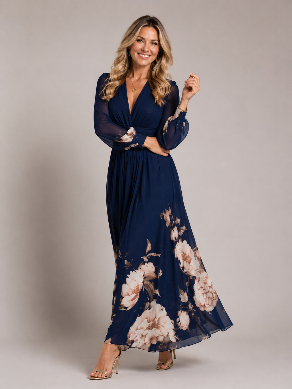 Haven - Women's Long Sleeve Chiffon Maxi Dress-Lyrasue-Navy-S-Lyrasue