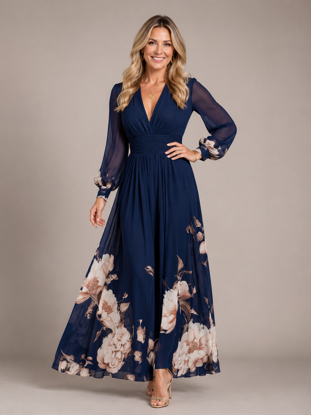 Haven - Women's Long Sleeve Chiffon Maxi Dress-Lyrasue-Navy-S-Lyrasue