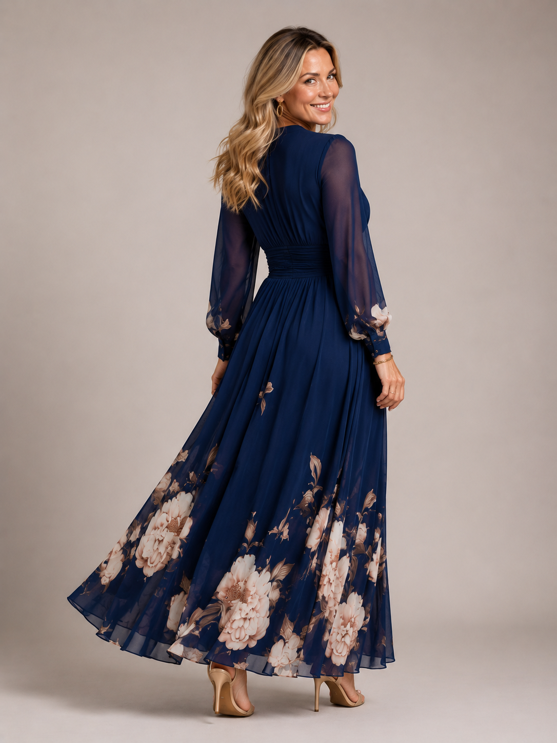 Haven - Women's Long Sleeve Chiffon Maxi Dress-Lyrasue-Navy-S-Lyrasue