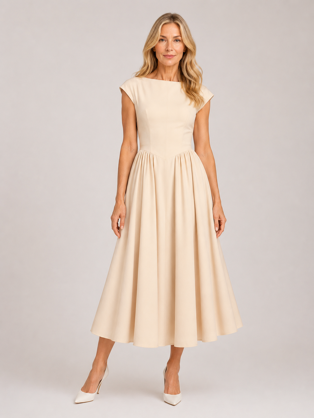 Heidi - Women’s Elegant Wedding Guest A-Line Midi Dress-Lyrasue-Beige-XS-Lyrasue