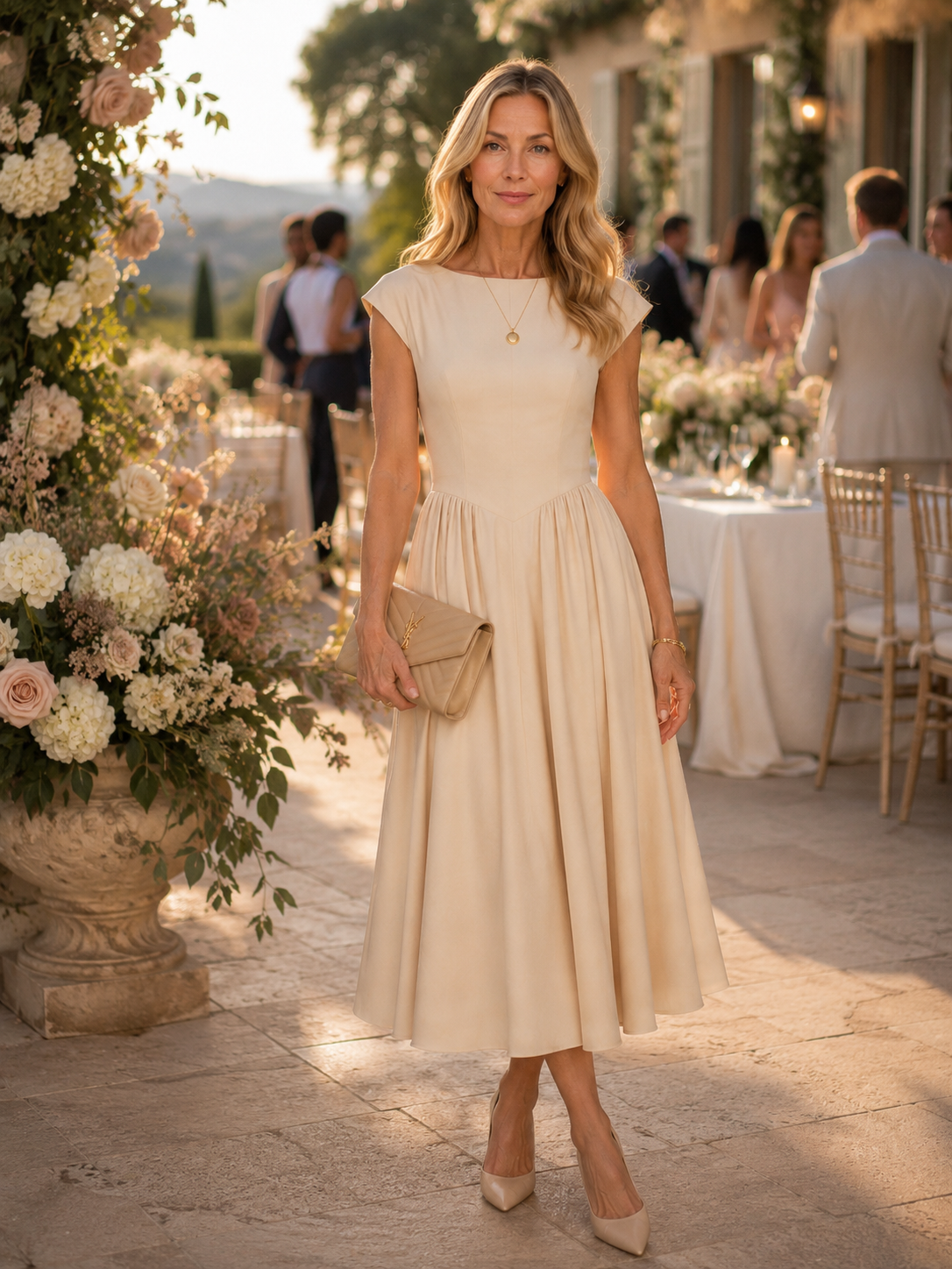 Heidi - Women’s Elegant Wedding Guest A-Line Midi Dress-Lyrasue-Beige-XS-Lyrasue