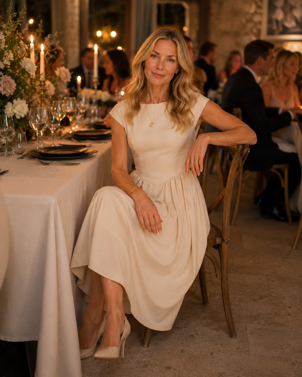 Heidi - Women’s Elegant Wedding Guest A-Line Midi Dress-Lyrasue-Beige-XS-Lyrasue