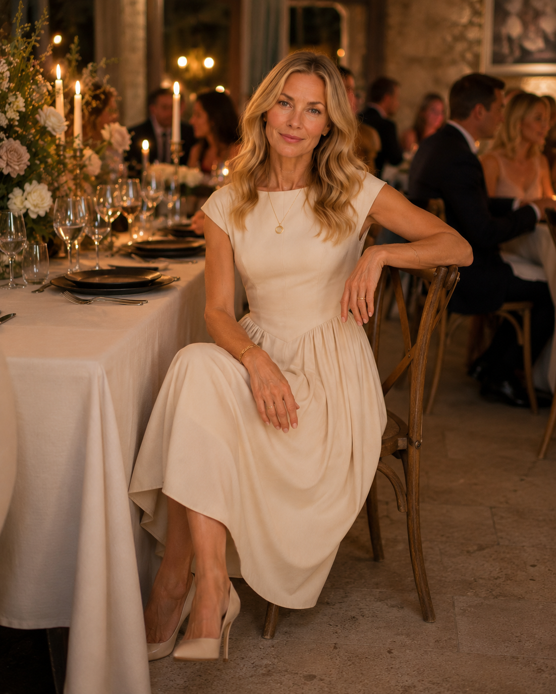 Heidi - Women’s Elegant Wedding Guest A-Line Midi Dress-Lyrasue-Beige-XS-Lyrasue