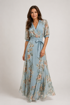 Indigo - Women’s Floral Wrap Maxi Dress with Tie Waist-Women’s Midi Dress Summer Push-Lyrasue-Blue-S-Lyrasue