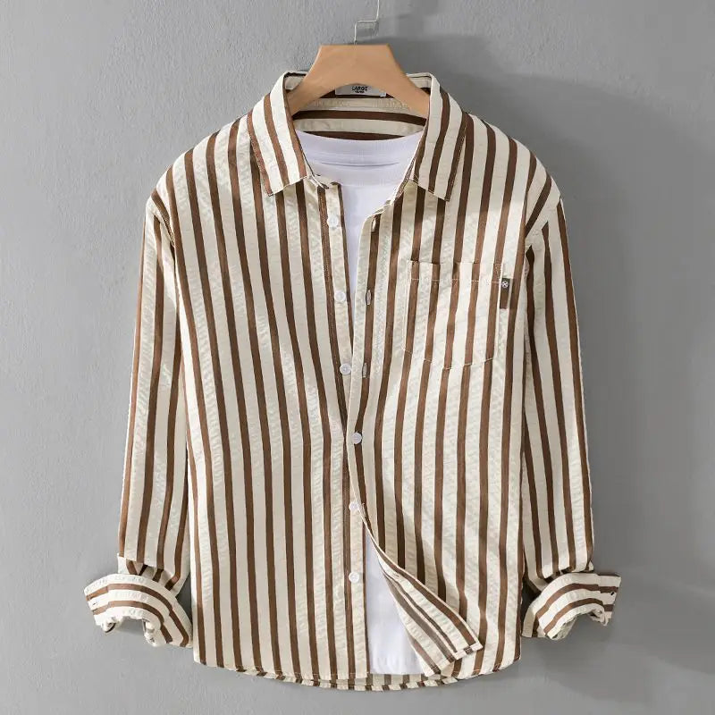 Jan - Men’s Classic Striped Button-Up Shirt with Chest Pocket-Men Shirts Casual_shirts-Lyrasue-Brown-M-Lyrasue