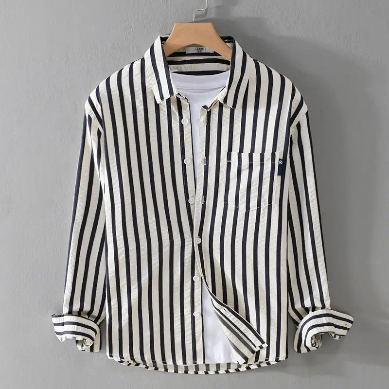 Jan - Men’s Classic Striped Button-Up Shirt with Chest Pocket-Men Shirts Casual_shirts-Lyrasue-Black-M-Lyrasue