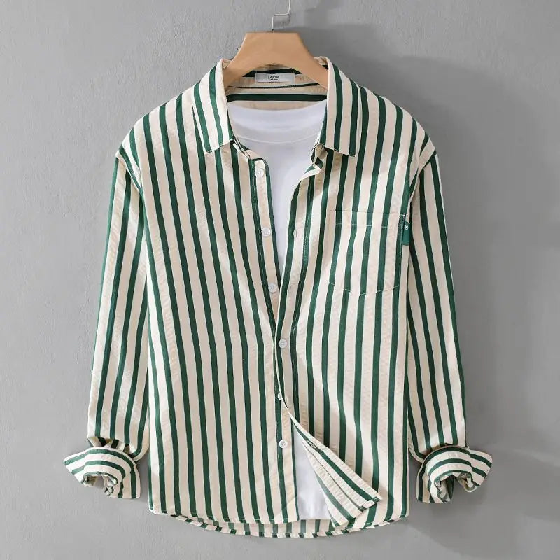 Jan - Men’s Classic Striped Button-Up Shirt with Chest Pocket-Men Shirts Casual_shirts-Lyrasue-Green-M-Lyrasue