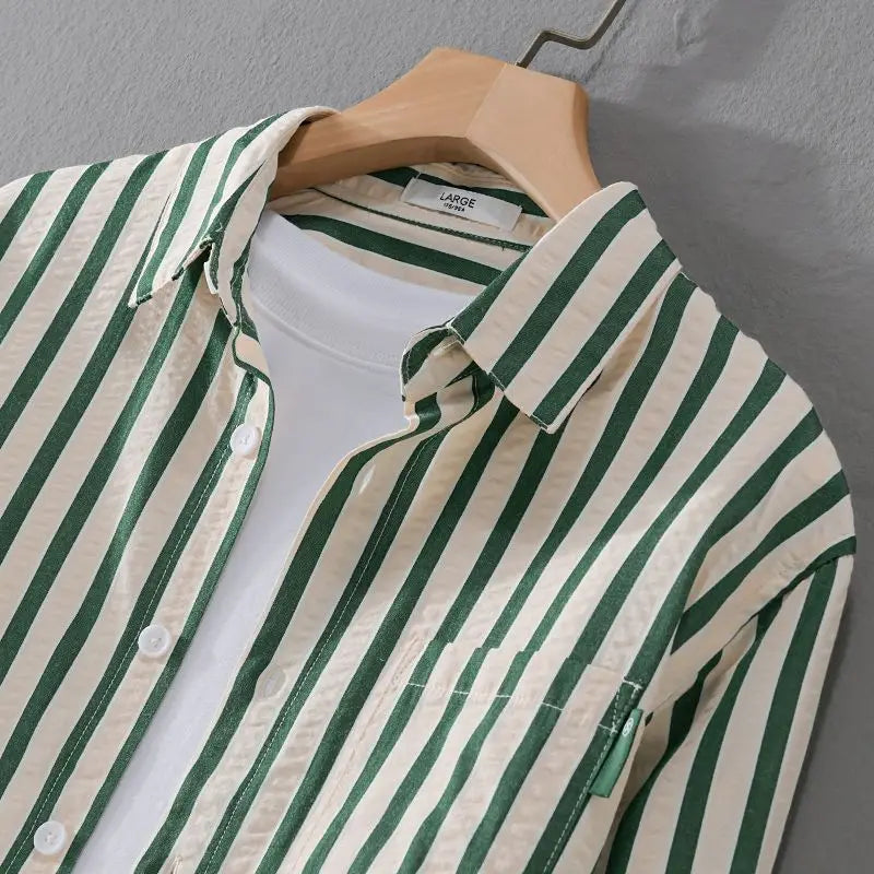 Jan - Men’s Classic Striped Button-Up Shirt with Chest Pocket-Men Shirts Casual_shirts-Lyrasue-Brown-M-Lyrasue