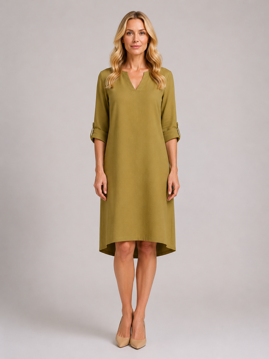Jocelynn - Women’s Elegant Shift Dress with Split Neckline-Women Dress-Lyrasue-Khaki-S-Lyrasue