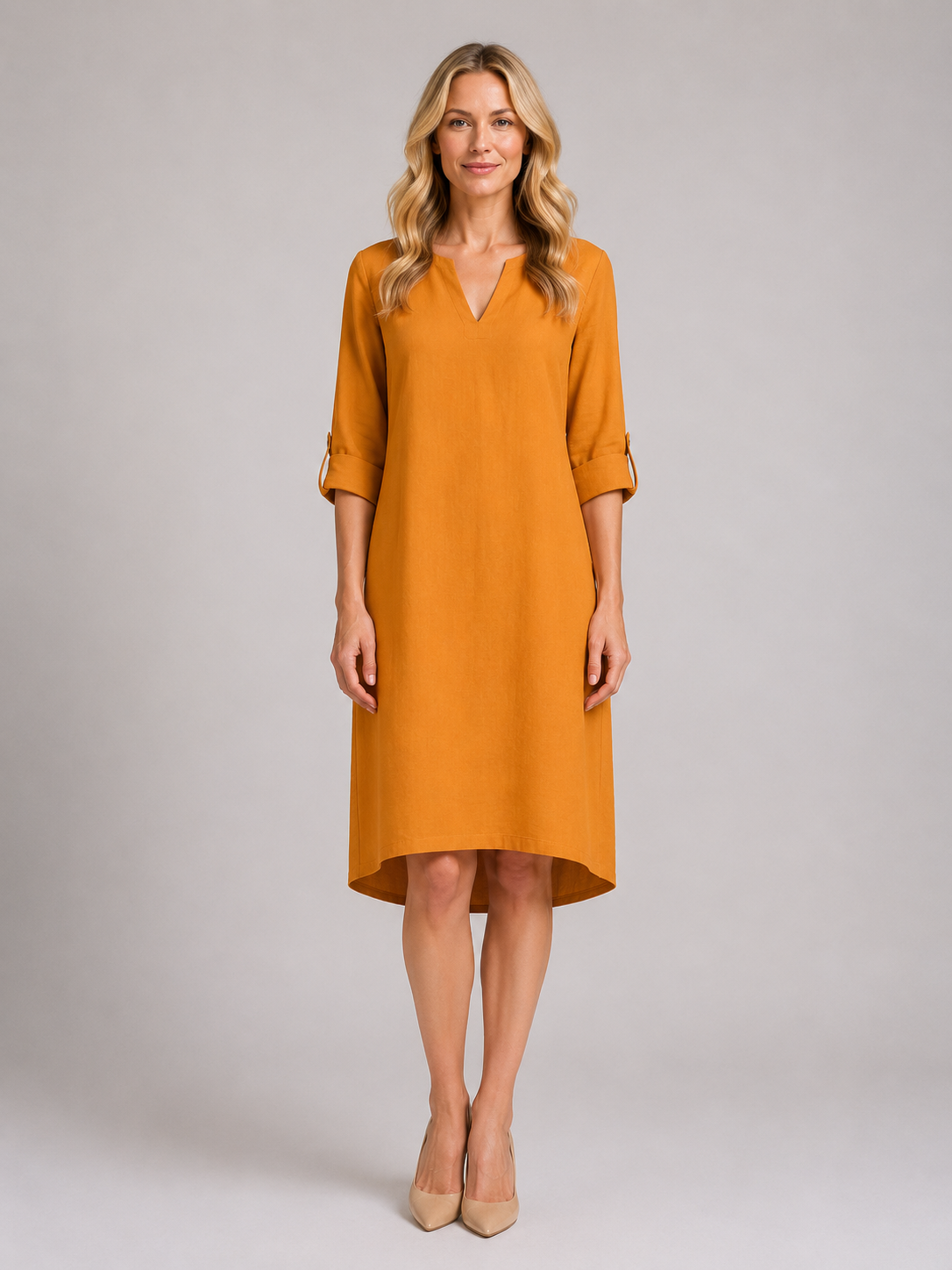 Jocelynn - Women’s Elegant Shift Dress with Split Neckline-Women Dress-Lyrasue-Orange-S-Lyrasue