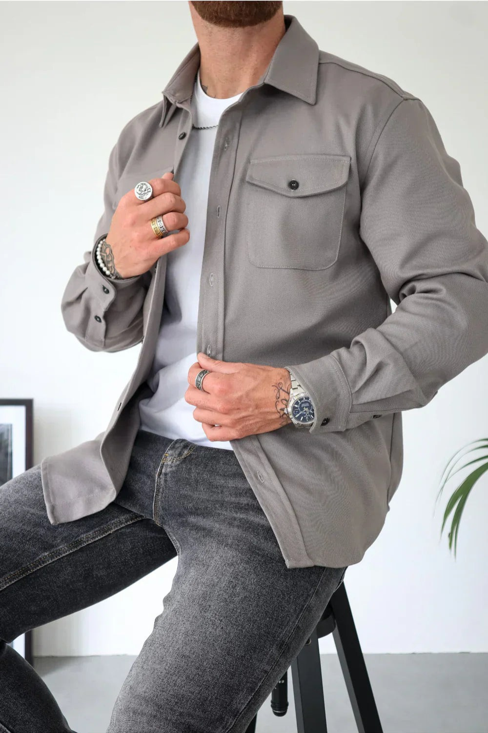 Joey - Men's Casual Long Sleeve Overshirt with Chest Pocket-Men Shirts Casual_shirts-Lyrasue-Grey-S-Lyrasue