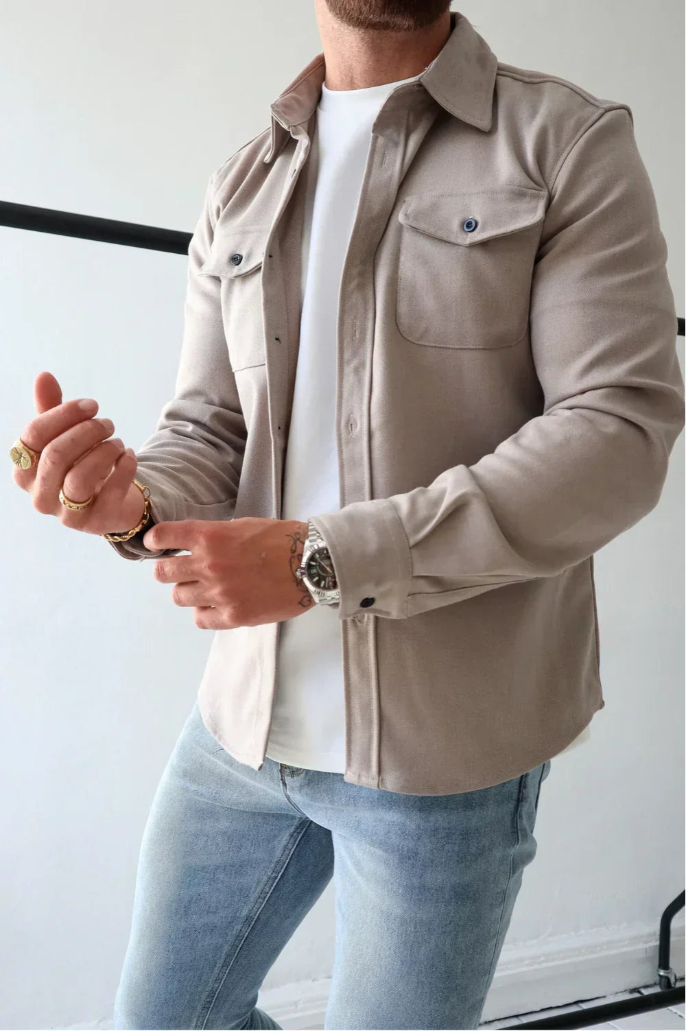 Joey - Men's Casual Long Sleeve Overshirt with Chest Pocket-Men Shirts Casual_shirts-Lyrasue-Stone-S-Lyrasue
