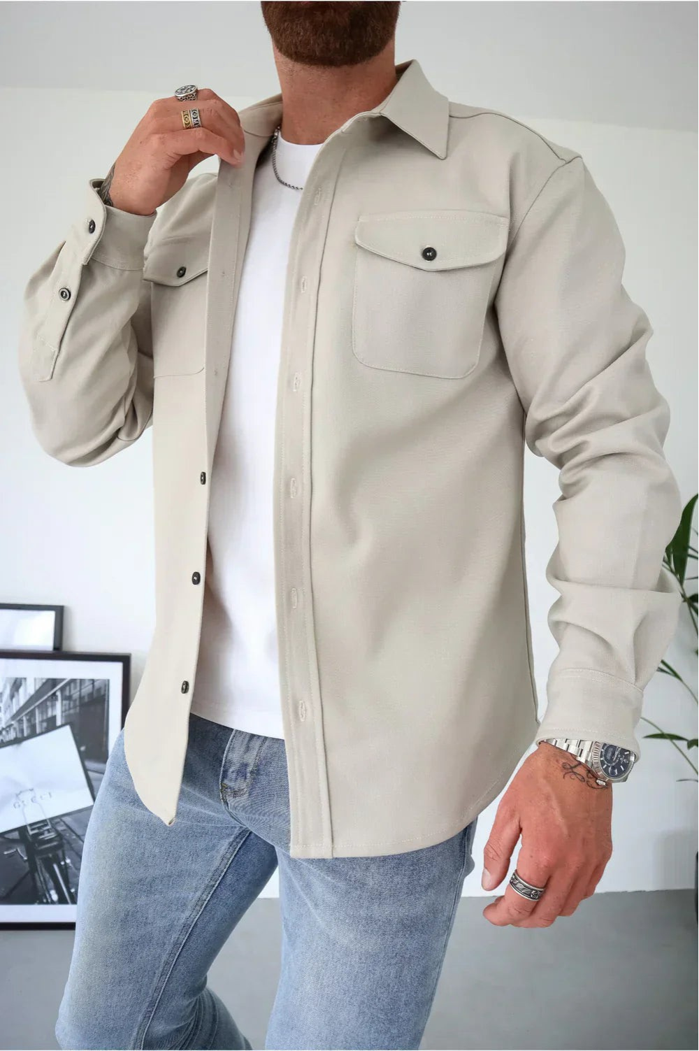 Joey - Men's Casual Long Sleeve Overshirt with Chest Pocket-Men Shirts Casual_shirts-Lyrasue-Creme-S-Lyrasue