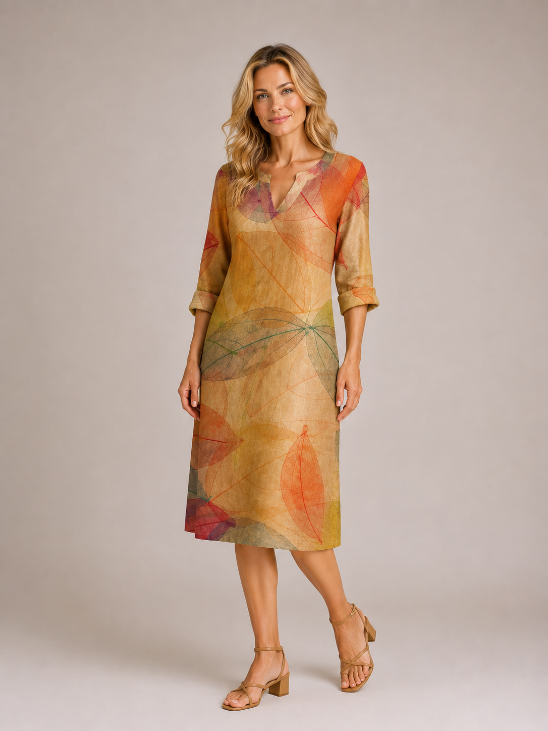 Journey - Women's Leaf Print V-Neck Summer Midi Dress-Women > Dresses-Lyrasue-Yellow-XS-Lyrasue