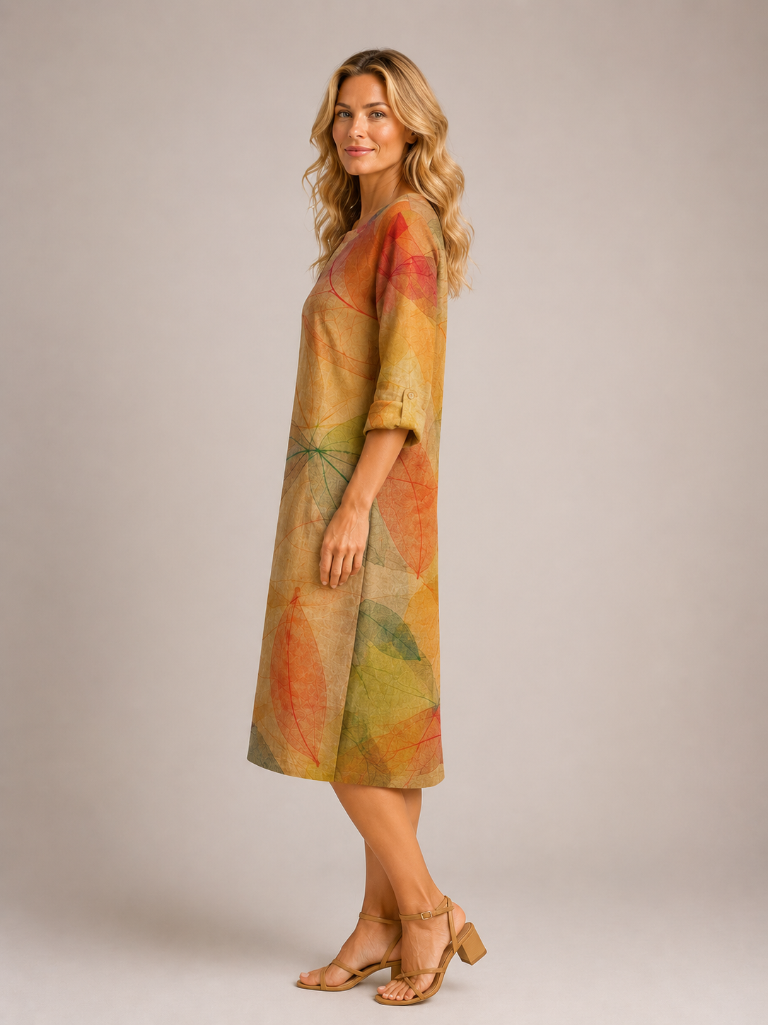 Journey - Women's Leaf Print V-Neck Summer Midi Dress-Women > Dresses-Lyrasue-Yellow-XS-Lyrasue
