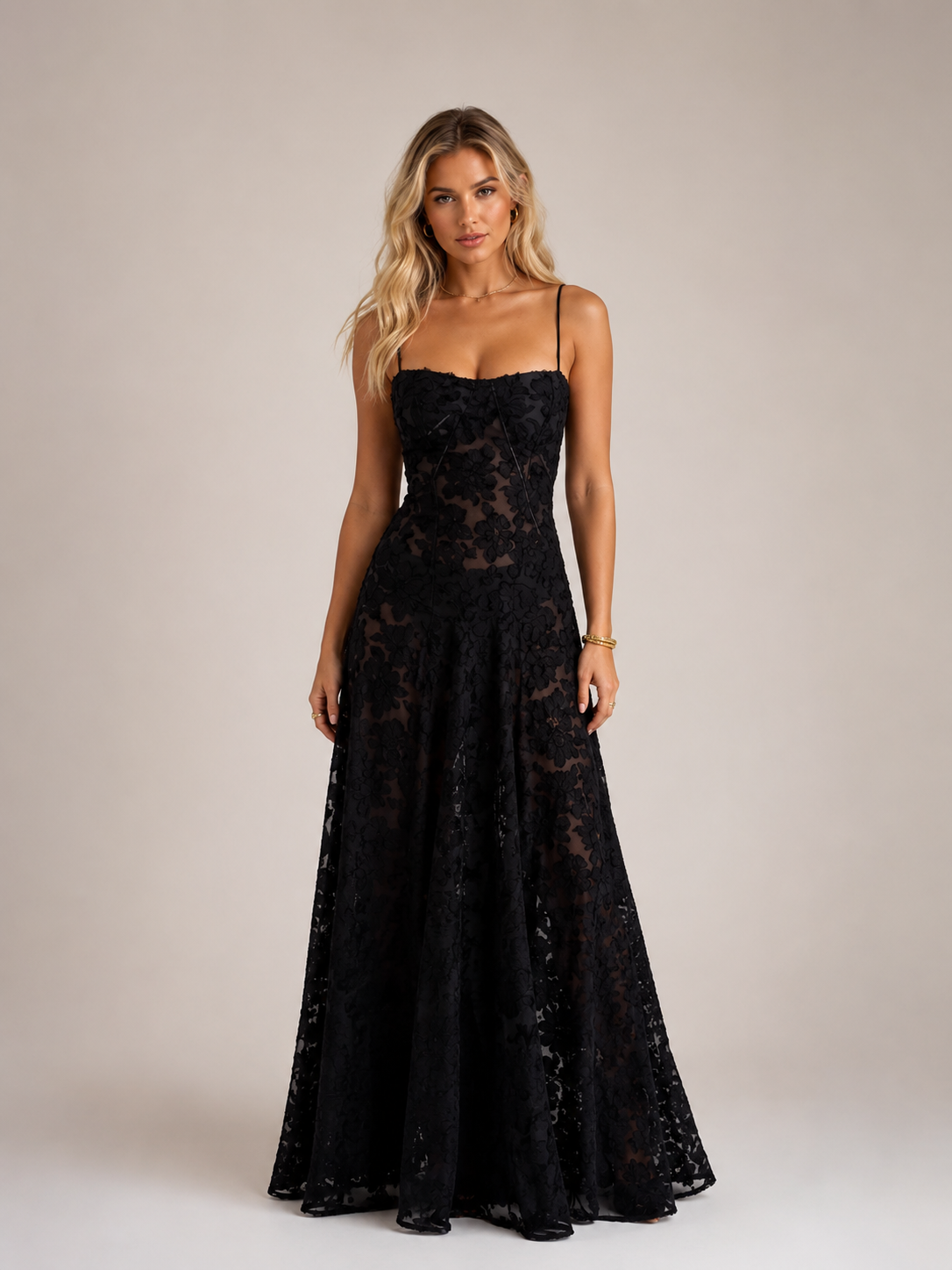 Kaylee - Women's Embroidered Cami Wedding Guest Maxi Dress-Lyrasue-Black-XS-Lyrasue