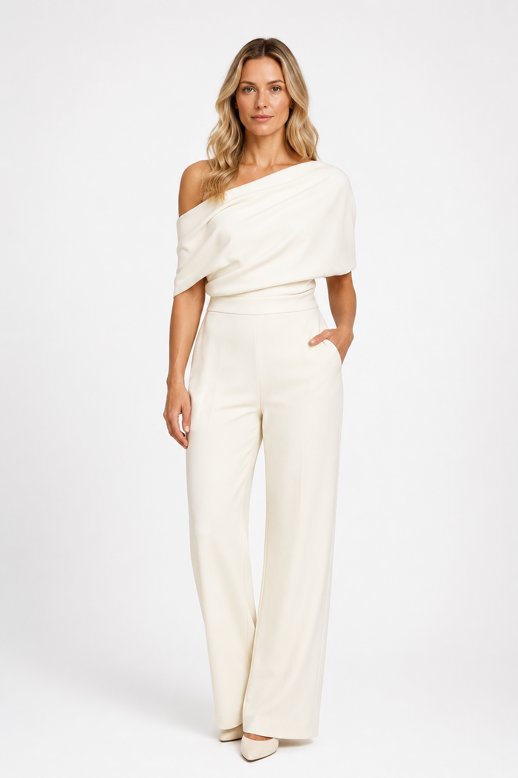 Kennendy - Women’s One Shoulder Wide Leg Jumpsuit-Lyrasue-White-S-Lyrasue