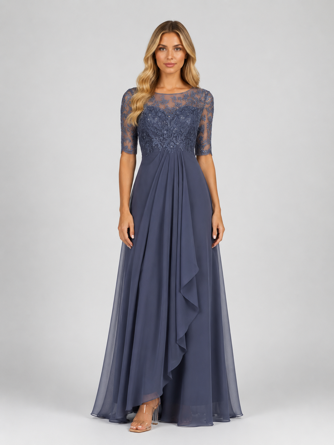 Kimberly - Women's Floral Summer Wedding Guest Midi Dress-Mode Dames Jurk-Lyrasue-Gray-XS-Lyrasue