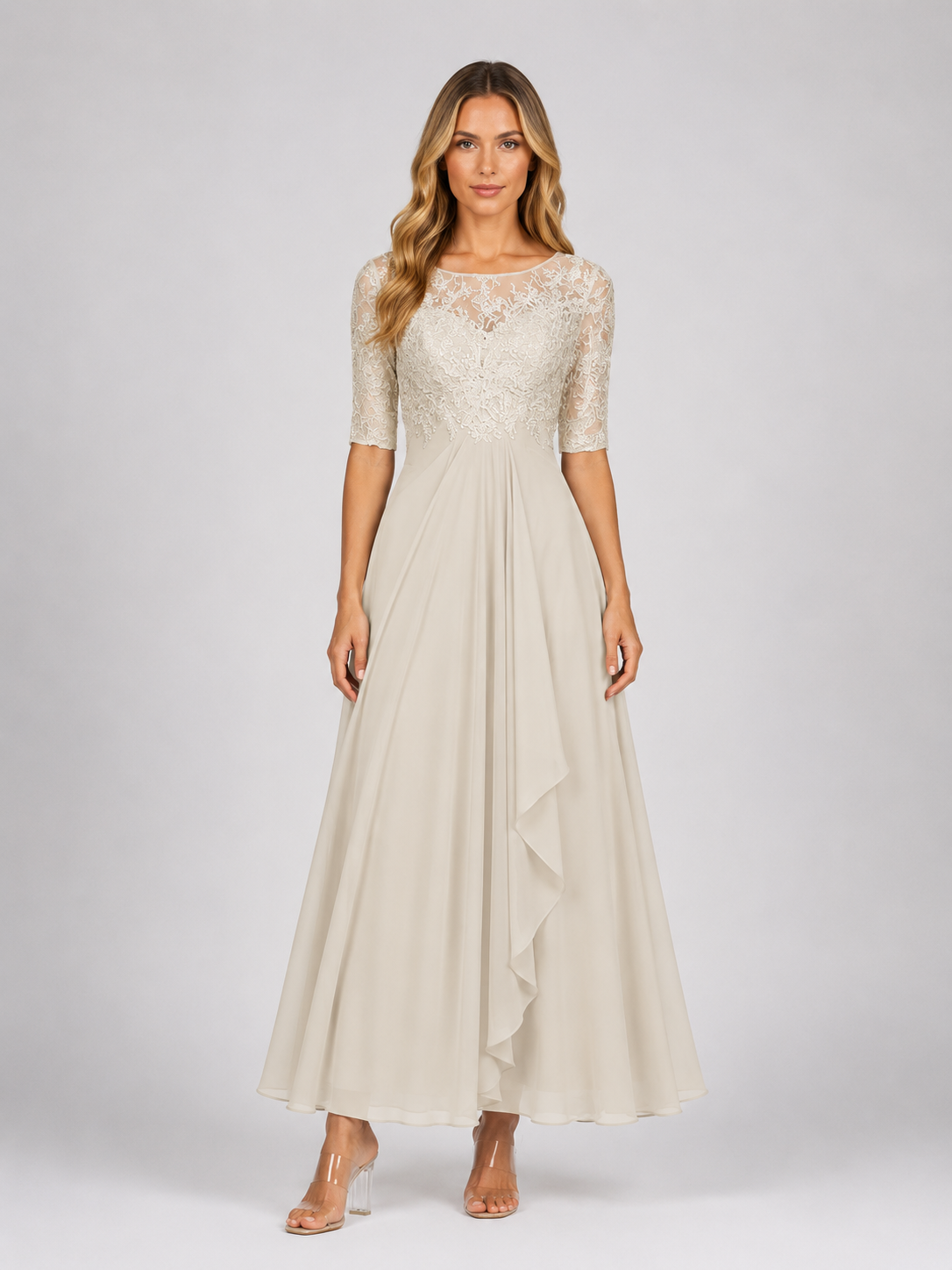 Kimberly - Women's Floral Summer Wedding Guest Midi Dress-Mode Dames Jurk-Lyrasue-Beige-XS-Lyrasue