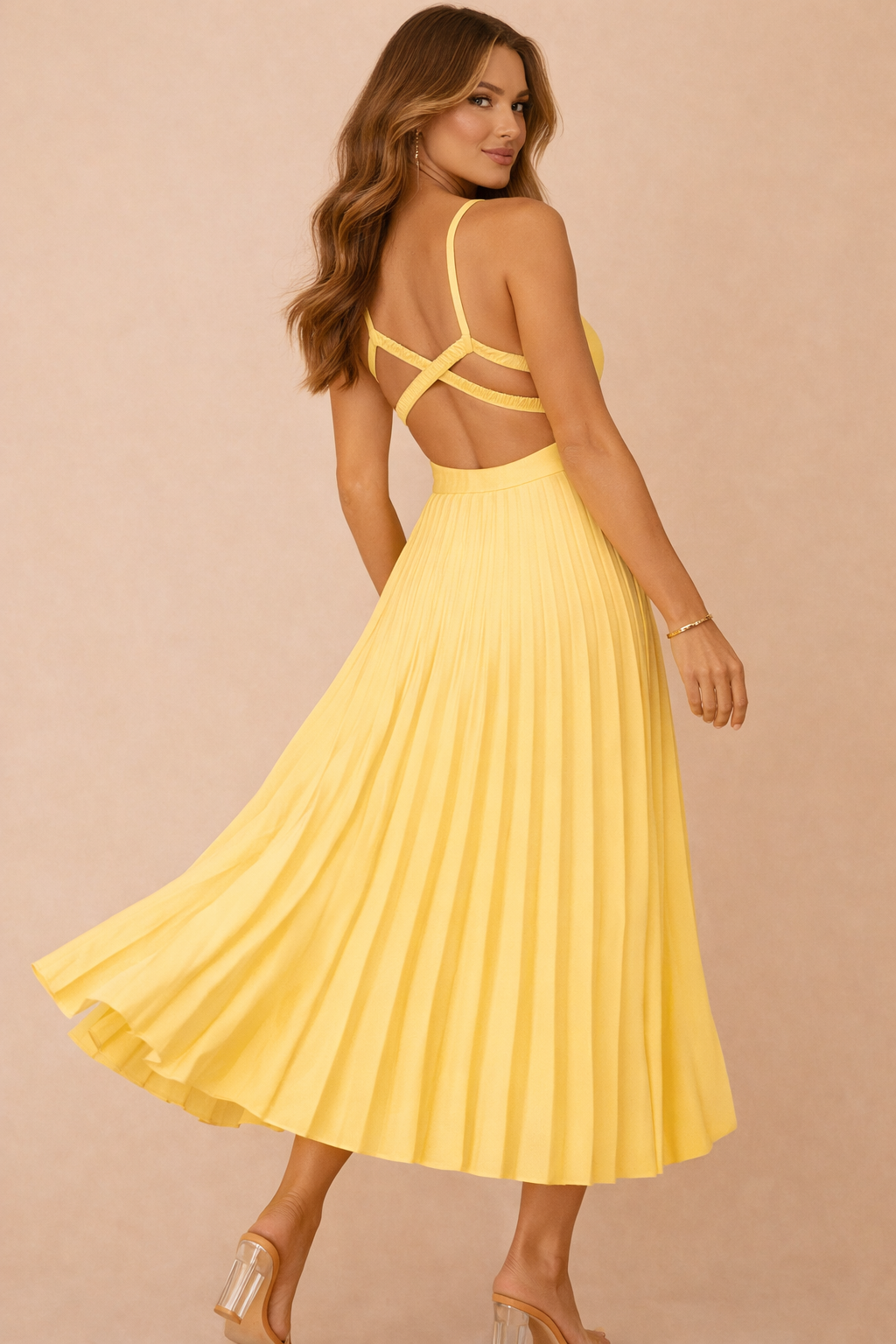 Lauren – Women's Yellow Sleeveless Flowing Midi Wedding Guest Dress-Midi Dress - SS - Womens - Dresses-Lyrasue-Yellow-S-Lyrasue