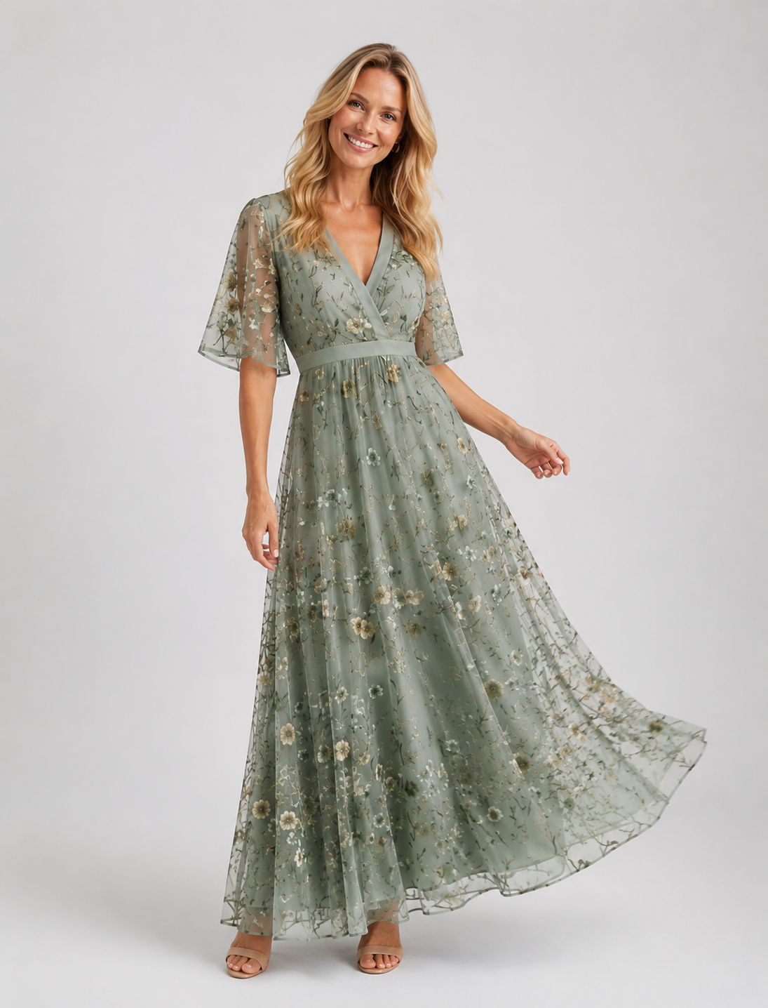Lennox - Women's Floral V Neck Wedding Guest Maxi Dress-Lyrasue-Sage Green-S-Lyrasue