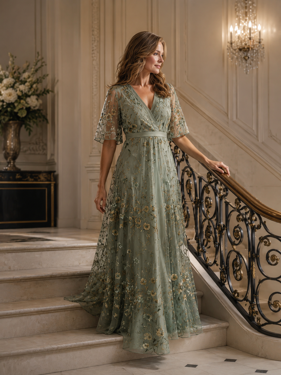 Lennox - Women's Floral V Neck Wedding Guest Maxi Dress-Lyrasue-Sage Green-S-Lyrasue