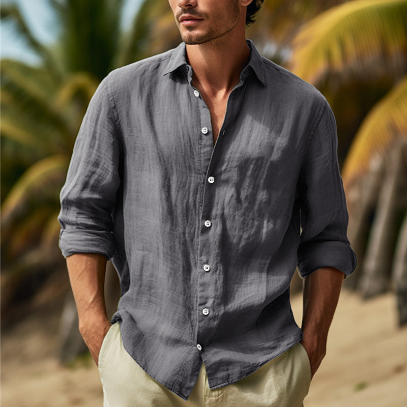 Leo - Men’s Linen Button-Up Shirt with Long Sleeves-Men Shirts Casual_shirts-Lyrasue-Grey-S-Lyrasue