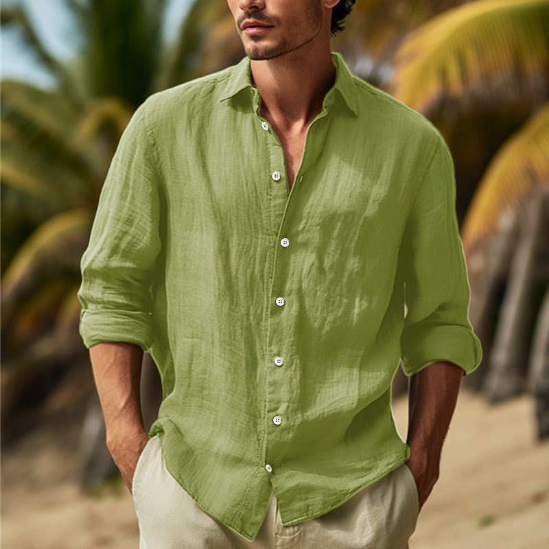 Leo - Men’s Linen Button-Up Shirt with Long Sleeves-Men Shirts Casual_shirts-Lyrasue-Green-S-Lyrasue