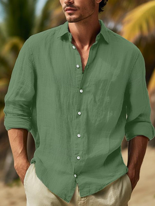 Leo - Men’s Linen Button-Up Shirt with Long Sleeves-Men Shirts Casual_shirts-Lyrasue-Dark Green-S-Lyrasue