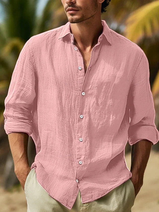 Leo - Men’s Linen Button-Up Shirt with Long Sleeves-Men Shirts Casual_shirts-Lyrasue-Pink-S-Lyrasue