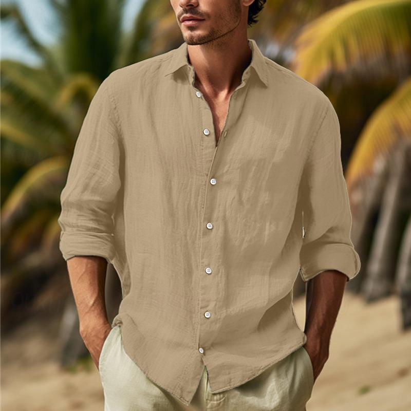 Leo - Men’s Linen Button-Up Shirt with Long Sleeves-Men Shirts Casual_shirts-Lyrasue-Khaki-S-Lyrasue