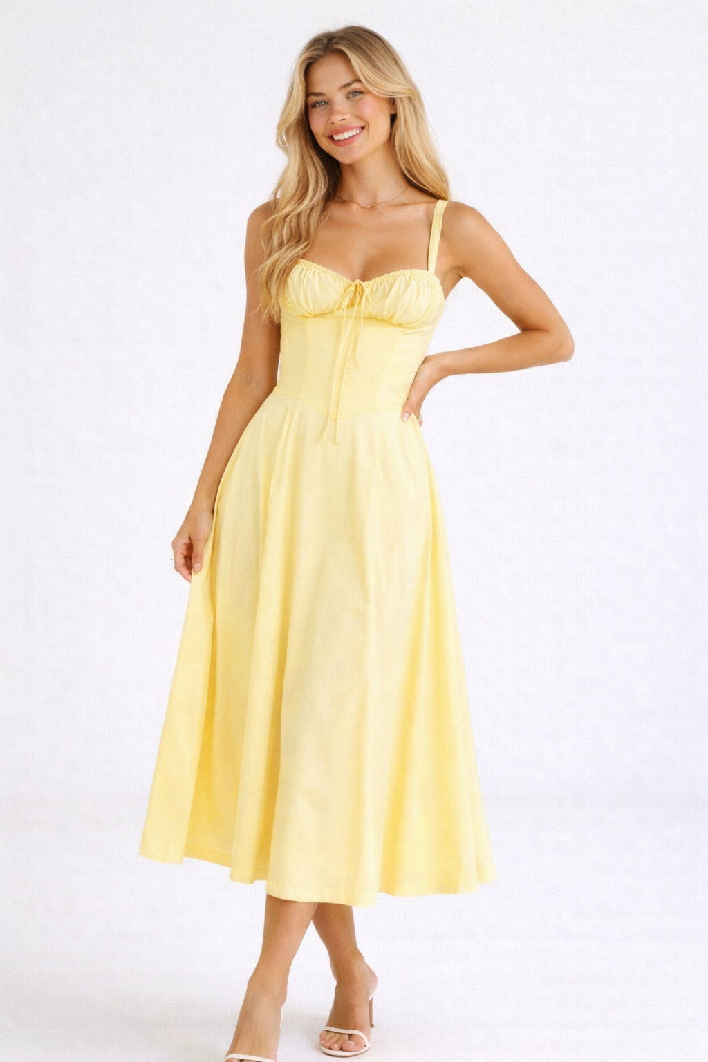 Liana - Women's Corset Midi Wedding Guest Dress-Midi Dresses-Lyrasue-Light Yellow-S-Lyrasue