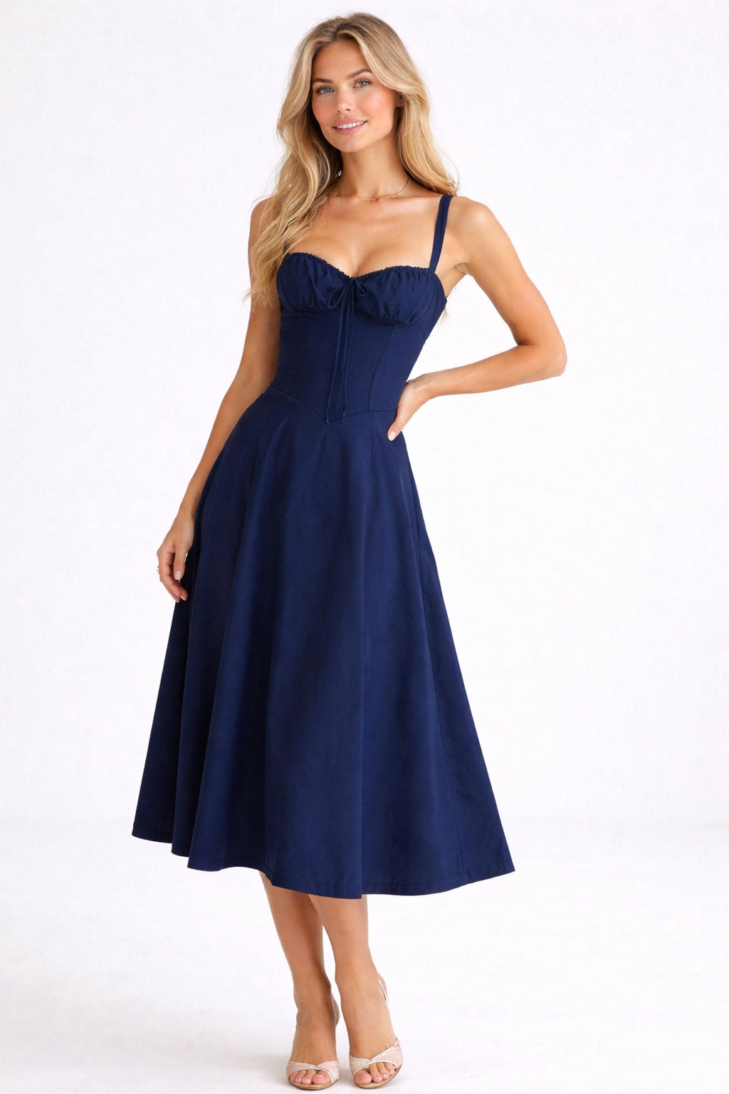 Liana - Women's Corset Midi Wedding Guest Dress-Midi Dresses-Lyrasue-Navy Blue-S-Lyrasue