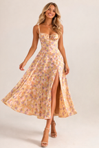 Liana - Women's Corset Midi Wedding Guest Dress-Midi Dresses-Lyrasue-Yellow-S-Lyrasue