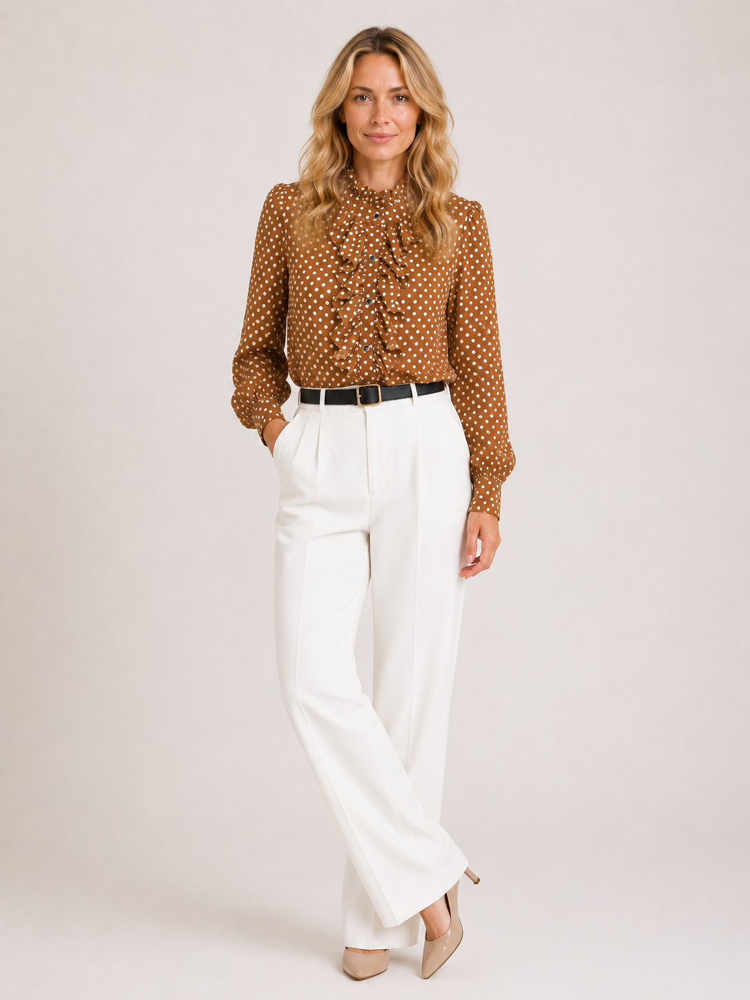 Lindsey - Women’s Polka Dot Ruffle Blouse with High Neck-Blouse Women-Lyrasue-Brown-S-Lyrasue
