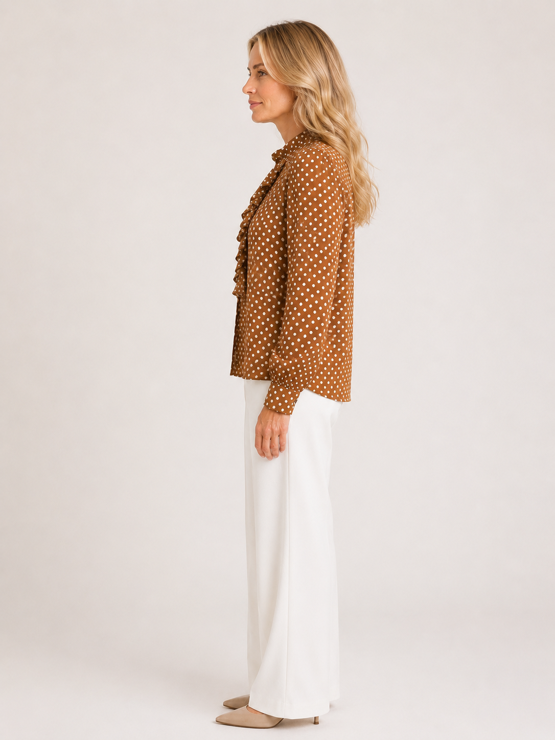 Lindsey - Women’s Polka Dot Ruffle Blouse with High Neck-Blouse Women-Lyrasue-Brown-S-Lyrasue