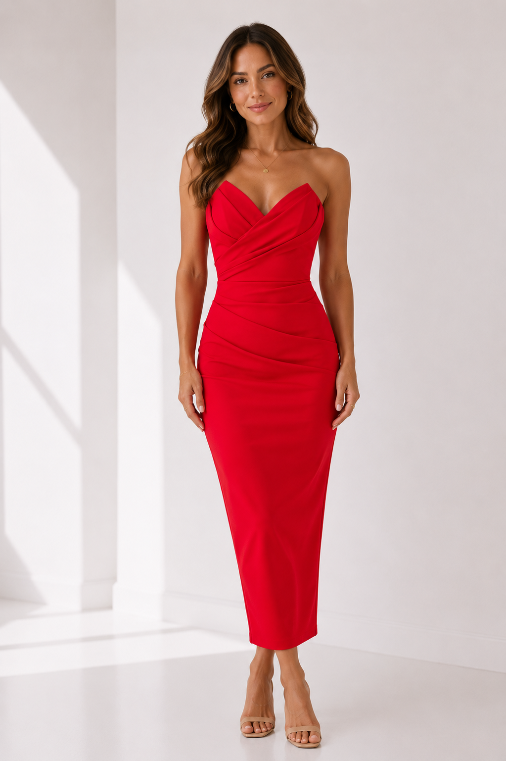 Lumi - Women's Strapless Ruched Bodycon Midi Dress-Lyrasue-Red-XS-Lyrasue