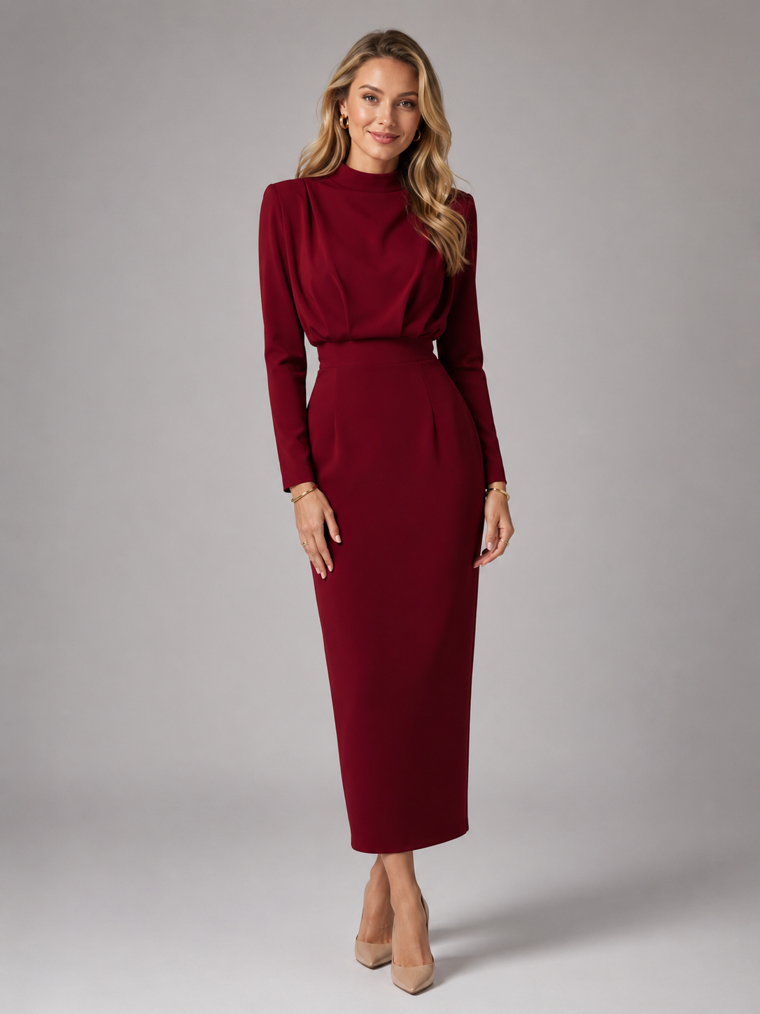 Lyric - Women's High Neck Long Sleeve Midi Dress-Women’s Dress-Lyrasue-Wine Red-S-Lyrasue