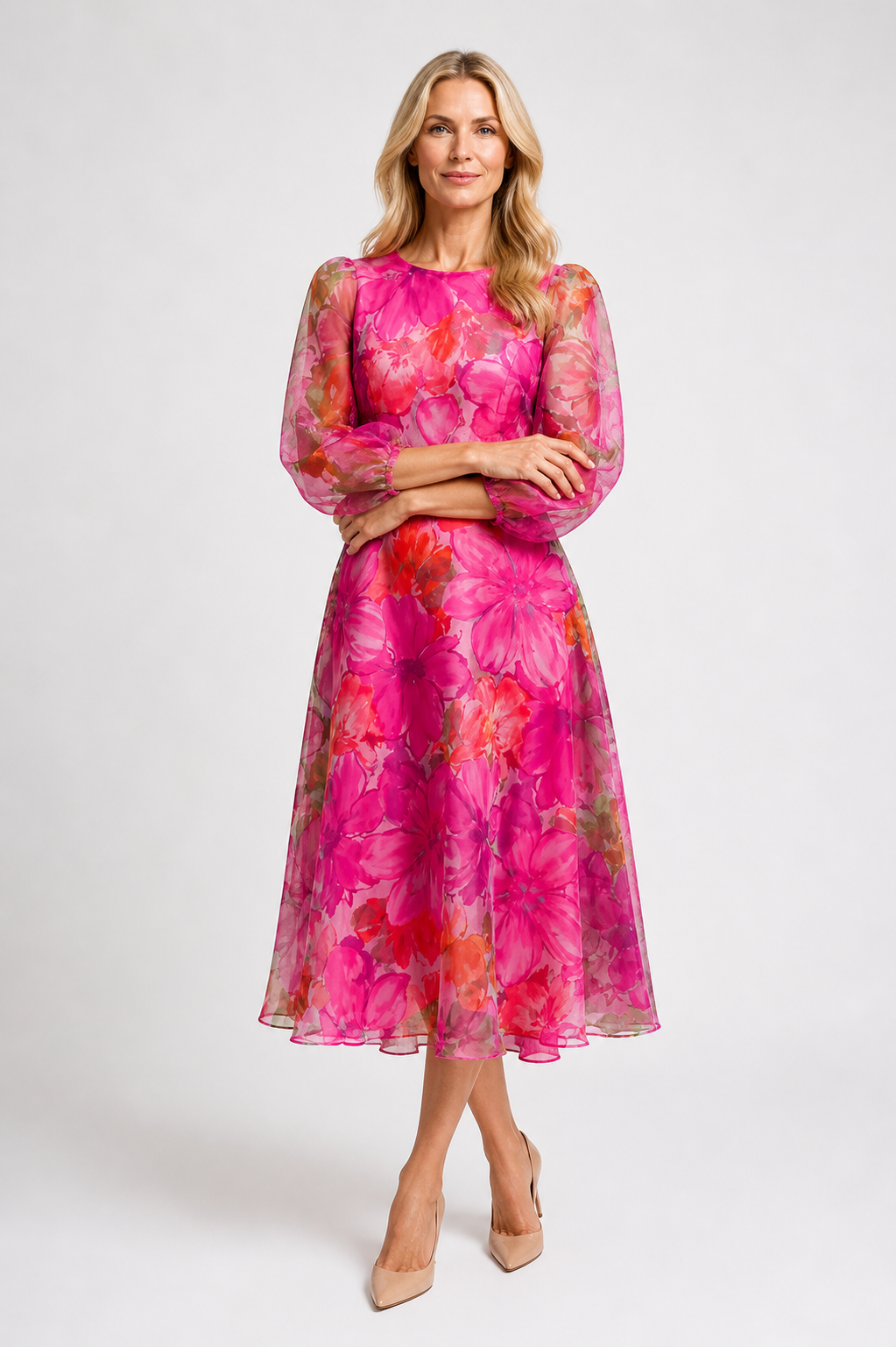 Marilva - Women's Puff Sleeve Formal Wedding Guest Midi Dress-Midi Dress Women-Lyrasue-Pink-S-Lyrasue