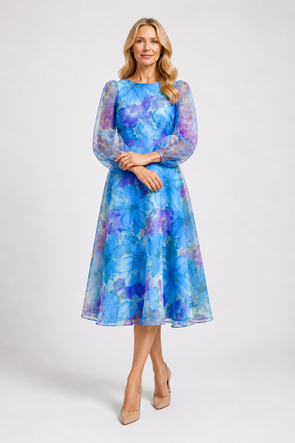 Marilva - Women's Puff Sleeve Formal Wedding Guest Midi Dress-Midi Dress Women-Lyrasue-Blue-S-Lyrasue
