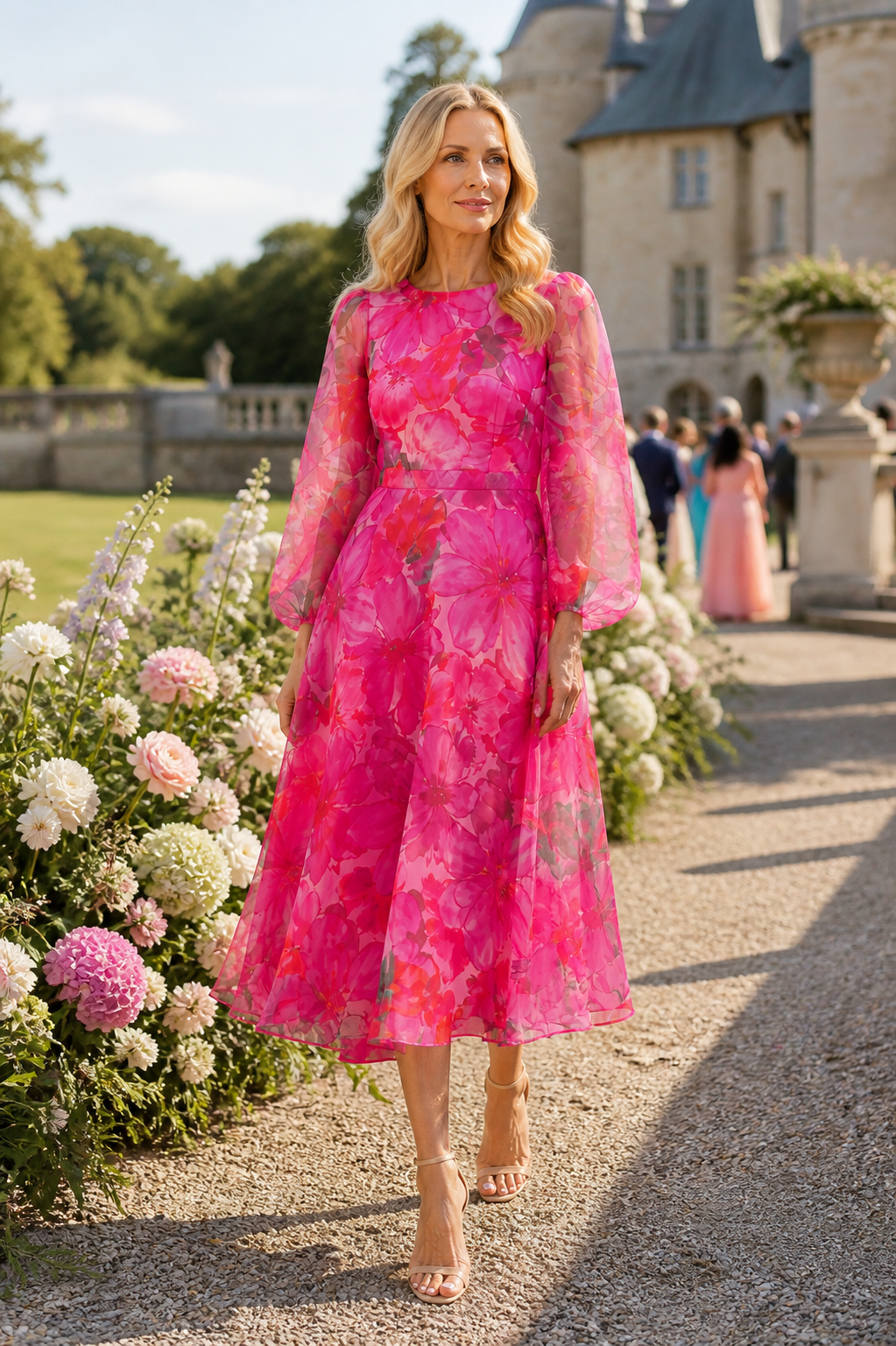 Marilva - Women's Puff Sleeve Formal Wedding Guest Midi Dress-Midi Dress Women-Lyrasue-Pink-S-Lyrasue