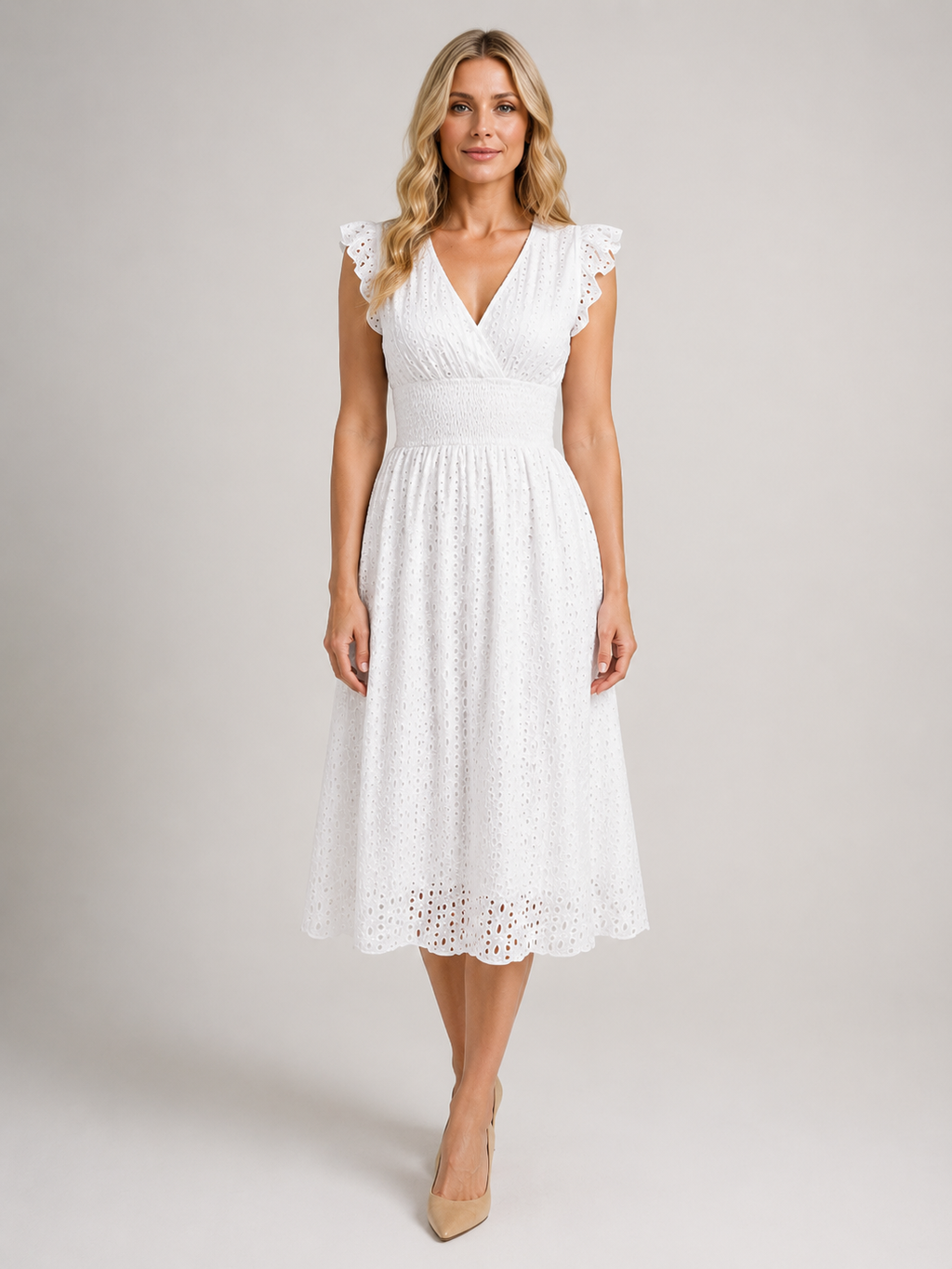 Marissa - Women’s White Broderie Anglaise Midi Dress with V-Neck-Women Dress-Lyrasue-White-S-Lyrasue