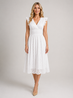 Marissa - Women’s White Broderie Anglaise Midi Dress with V-Neck-Women Dress-Lyrasue-White-S-Lyrasue