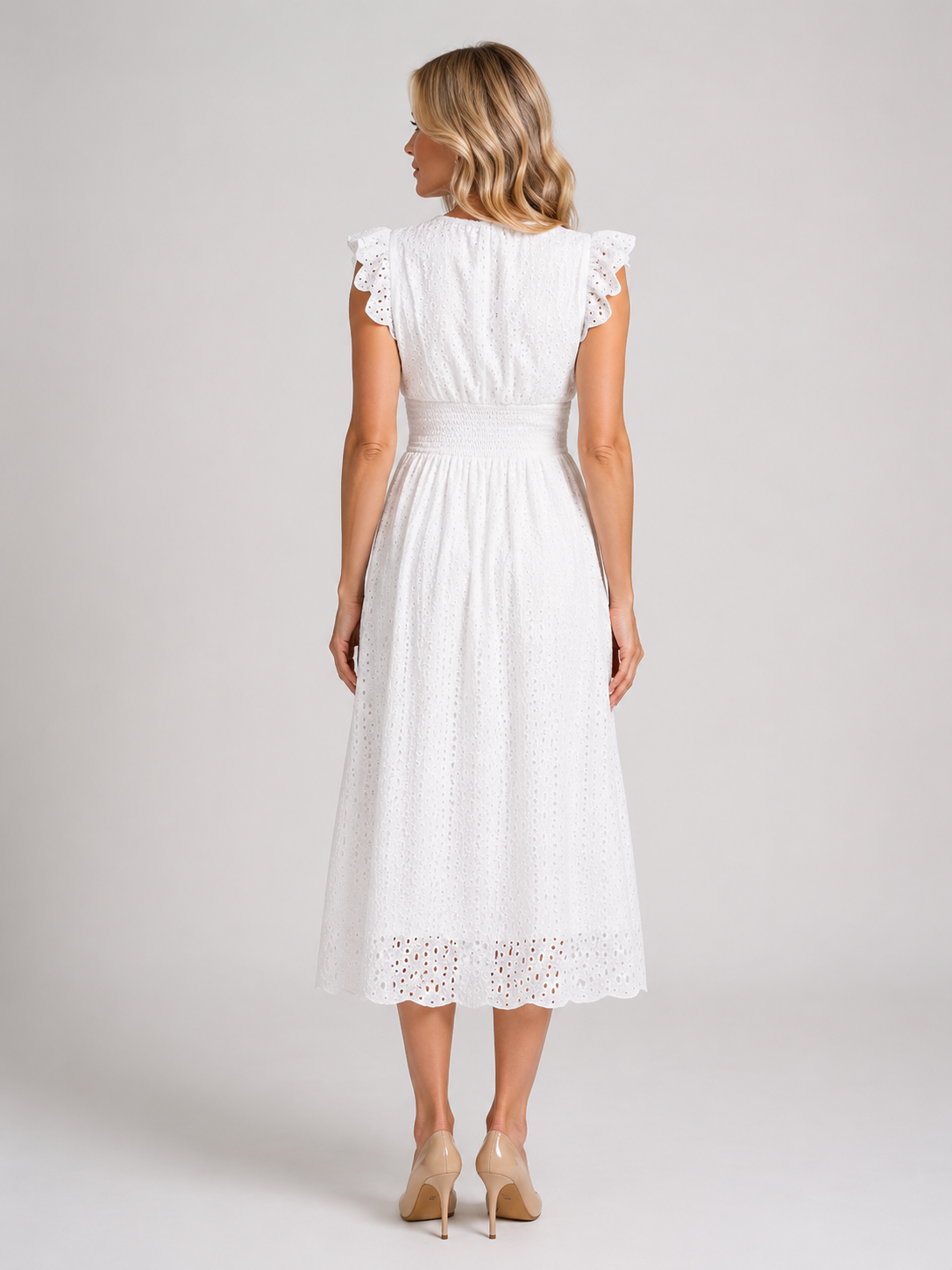 Marissa - Women’s White Broderie Anglaise Midi Dress with V-Neck-Women Dress-Lyrasue-White-S-Lyrasue