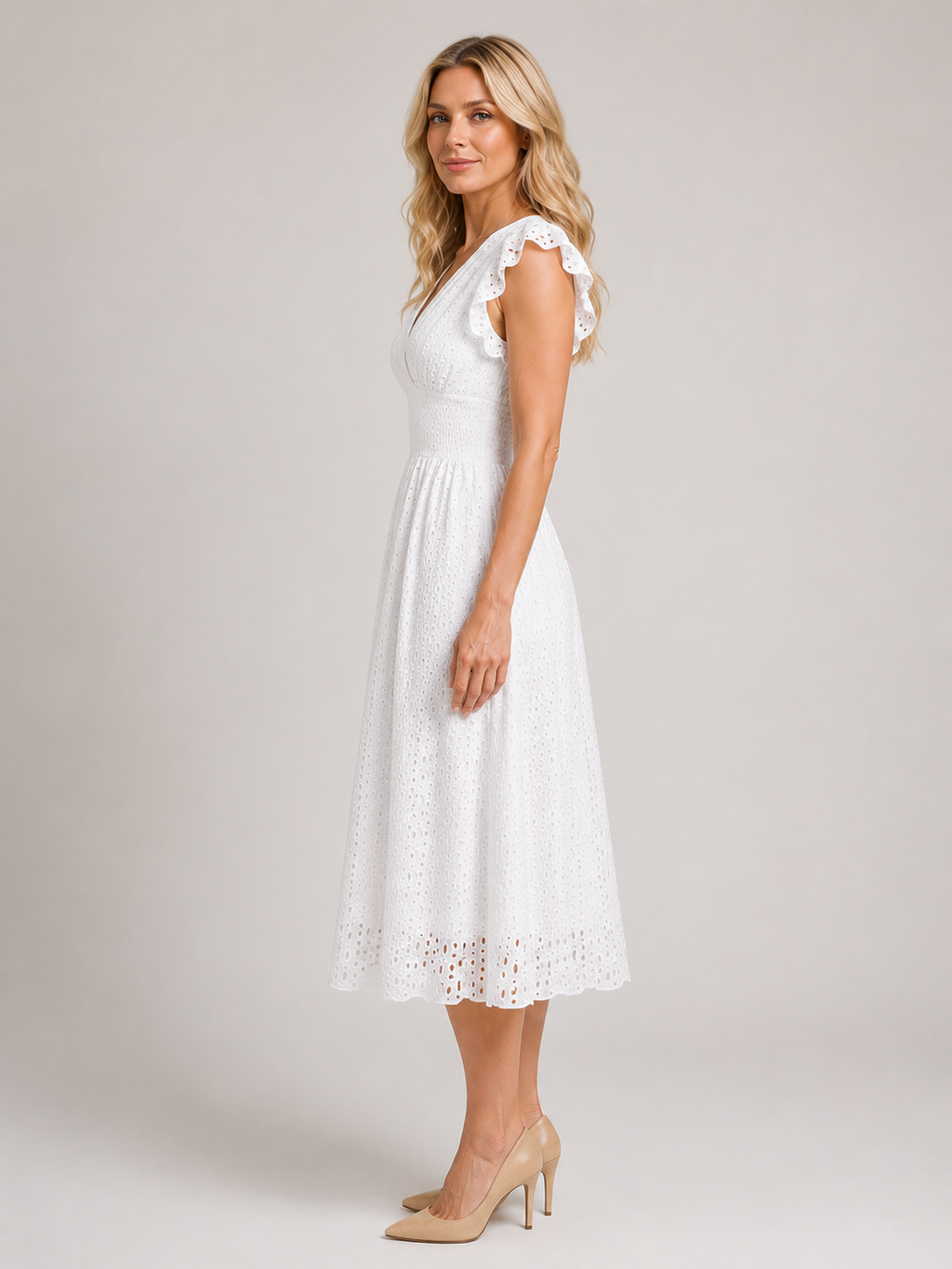 Marissa - Women’s White Broderie Anglaise Midi Dress with V-Neck-Women Dress-Lyrasue-White-S-Lyrasue