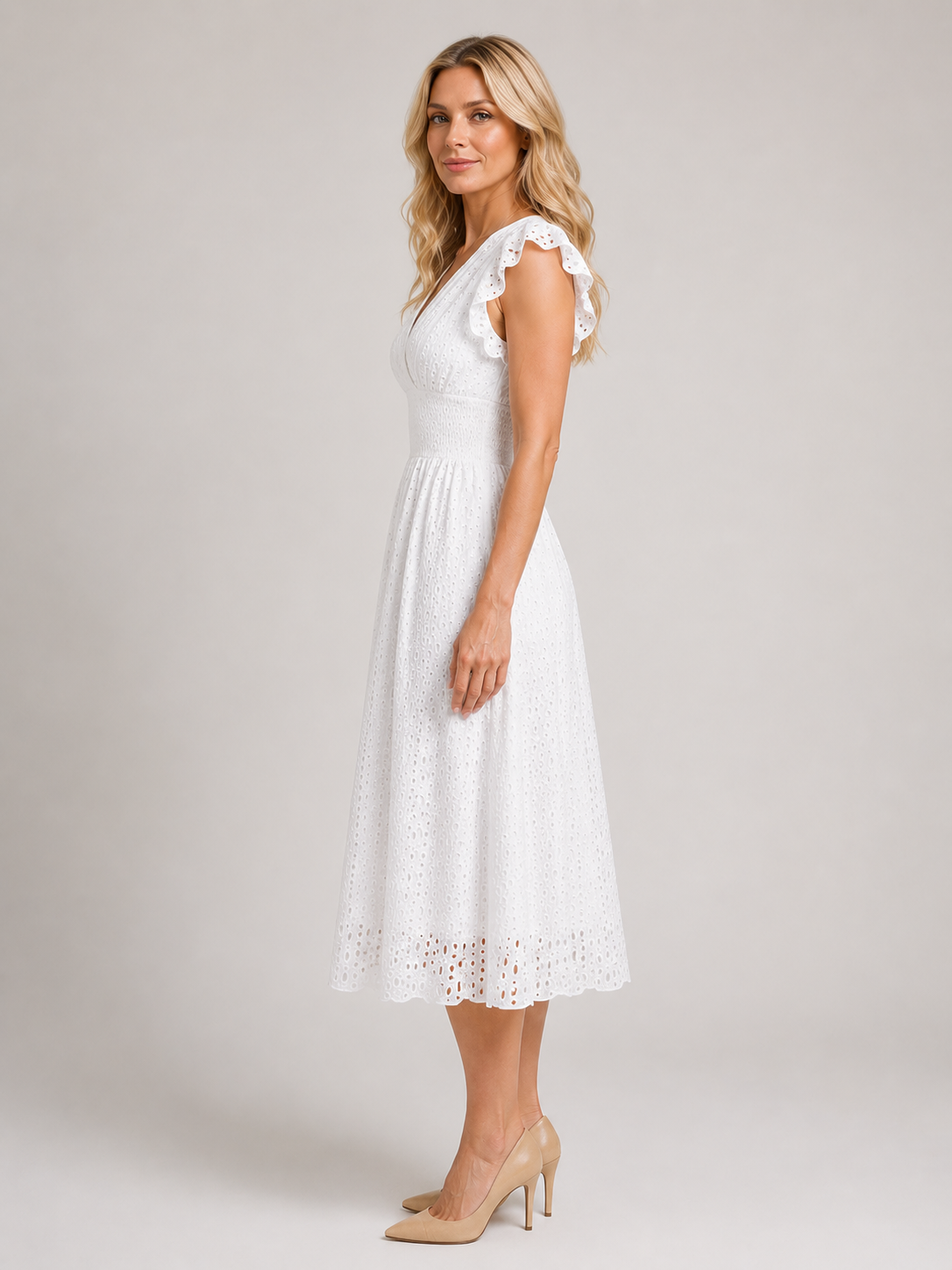 Marissa - Women’s White Broderie Anglaise Midi Dress with V-Neck-Women Dress-Lyrasue-White-S-Lyrasue